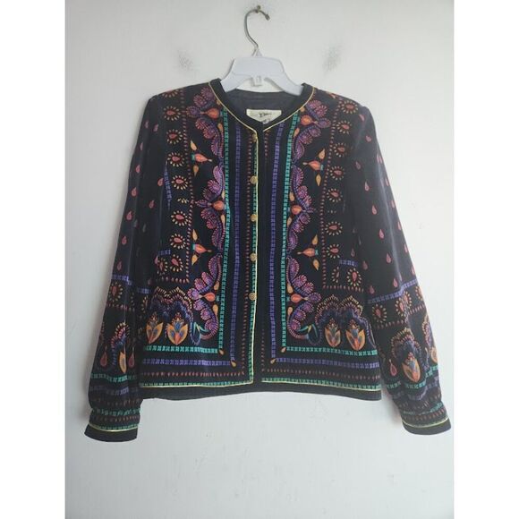 Saxton Hall Women Black w/Multicolor Pattern Gold Button Velvet Jacket size 8 - Picture 10 of 11